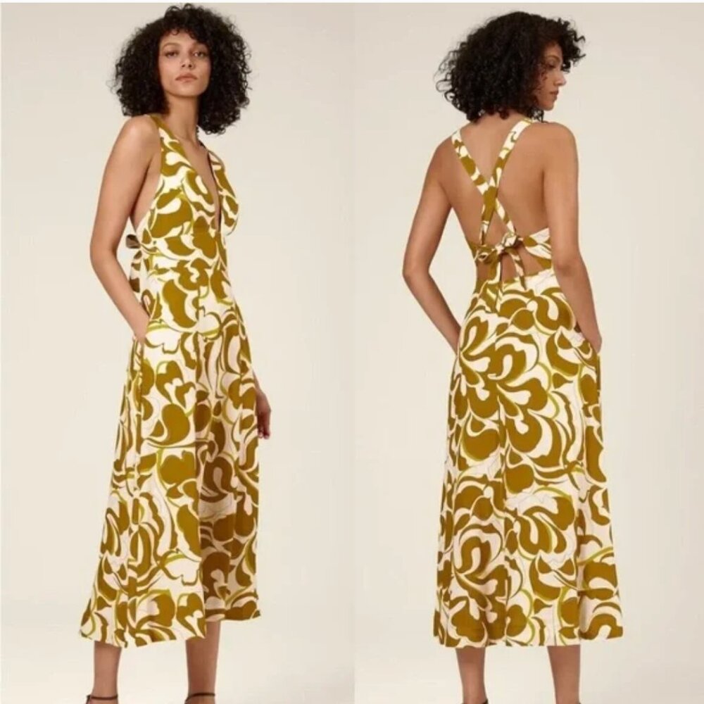 NICHOLAS | Linen Deep V Halter Midi Dress in green and yellow swirl